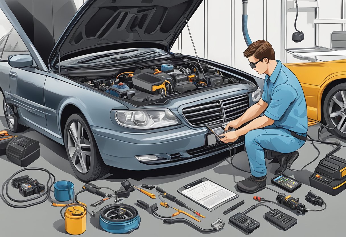 A mechanic examines an EGR sensor with a high voltage error code P0406, surrounded by diagnostic tools and a vehicle engine