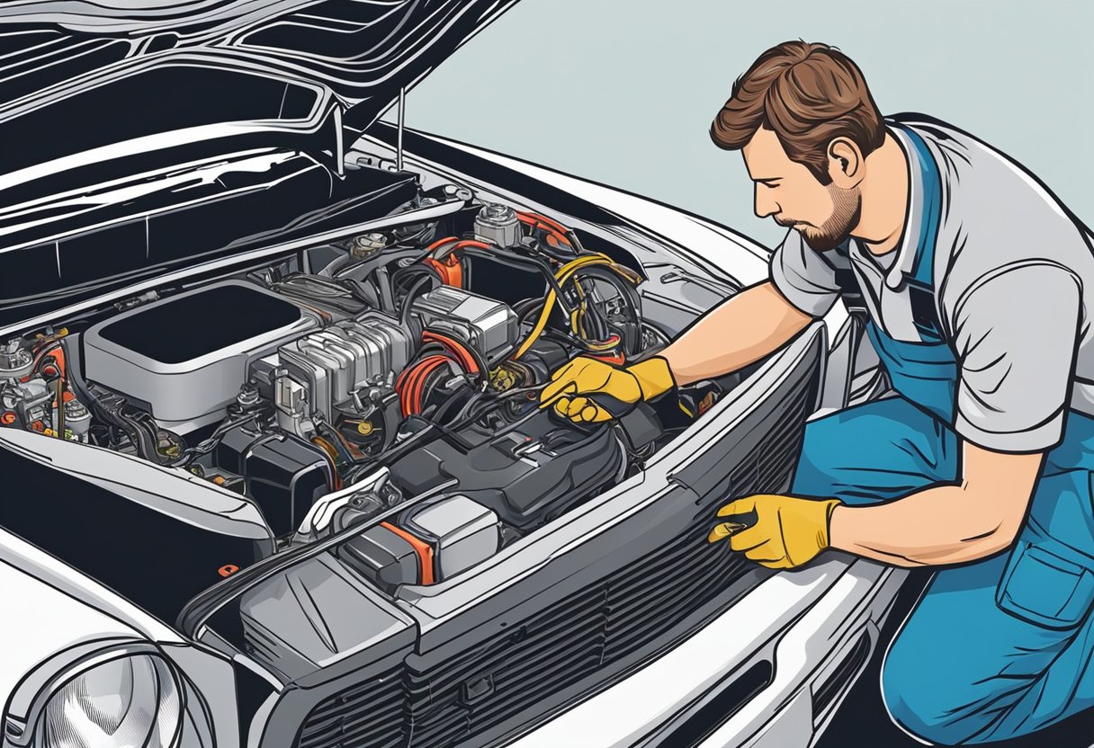 A mechanic checks car alternator wiring for voltage regulation.

Diagrams show step-by-step troubleshooting process