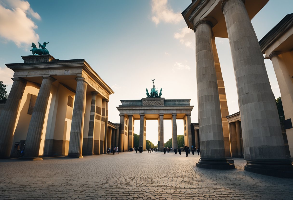 The Brandenburg Gate stands tall, flanked by neoclassical columns. The Berlin Wall cuts through the city, adorned with colorful graffiti