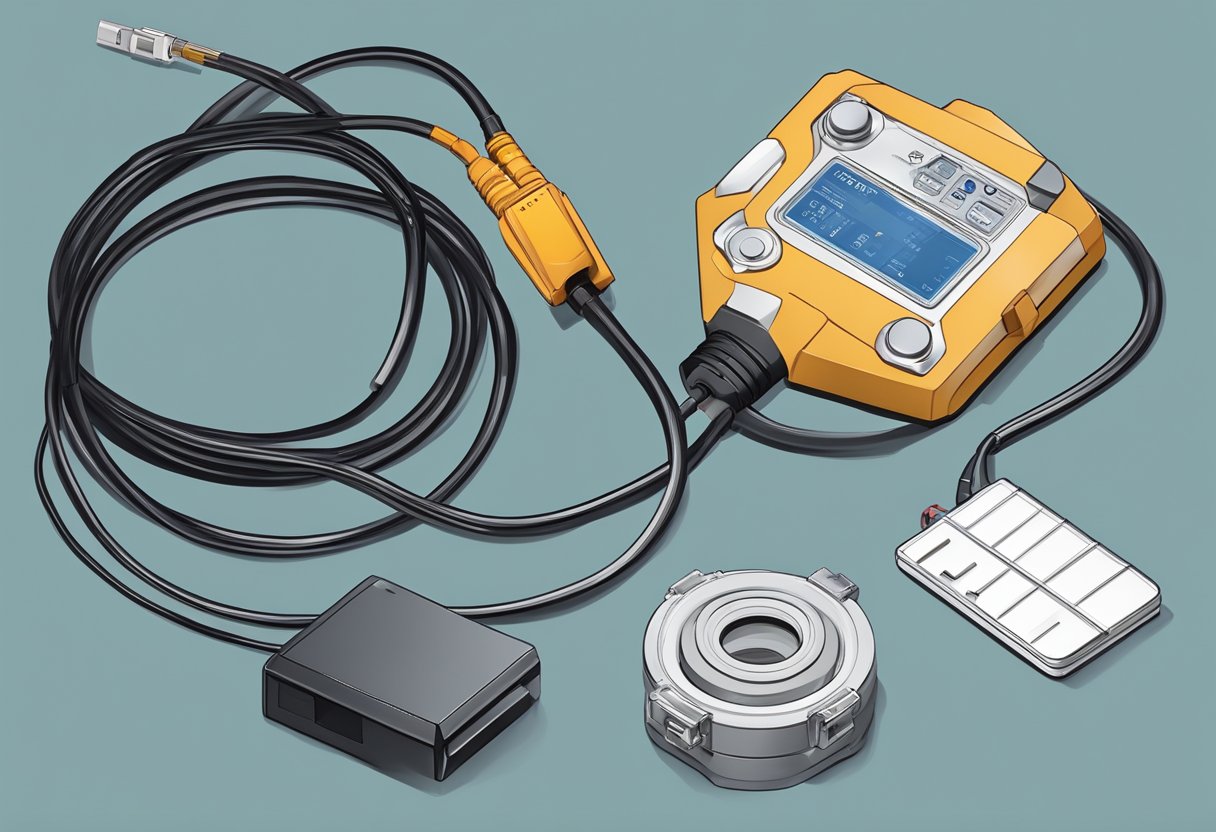 An O2 sensor with a heater resistance issue, surrounded by wires and connectors, with diagnostic tools and a guidebook nearby