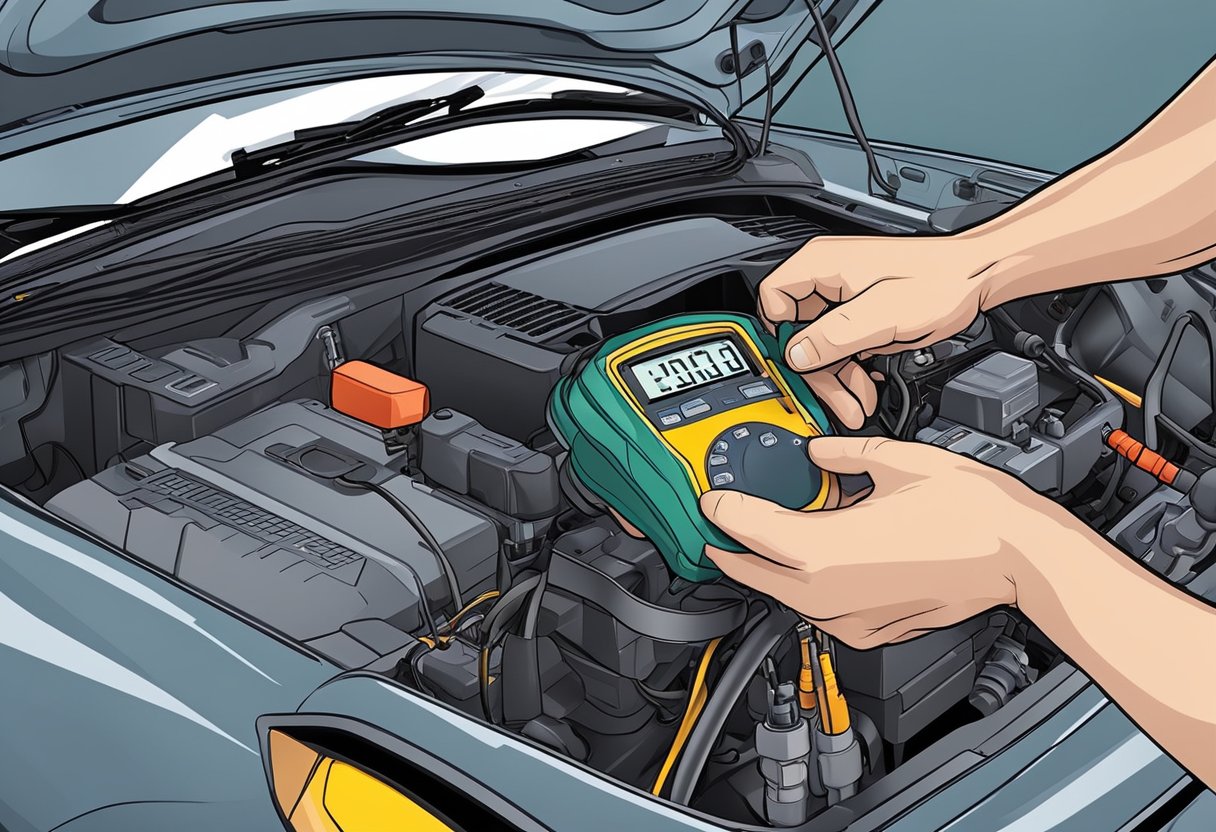 A mechanic holds a multimeter to test the O2 sensor heater resistance.

The car's hood is open, revealing the engine and diagnostic equipment
