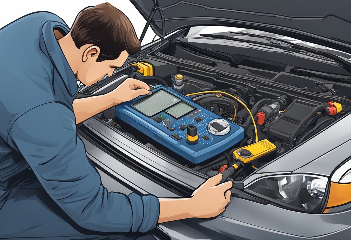 A mechanic using a multimeter to test O2 sensor heater resistance in a car's engine bay.

Tools and diagnostic equipment are scattered on a workbench