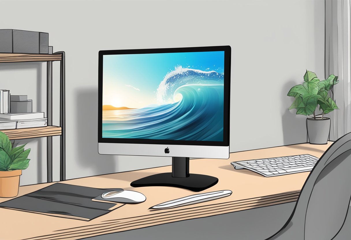 A 15-inch LCD touch screen monitor stands on a desk, with a sleek black frame and a clear, vibrant display