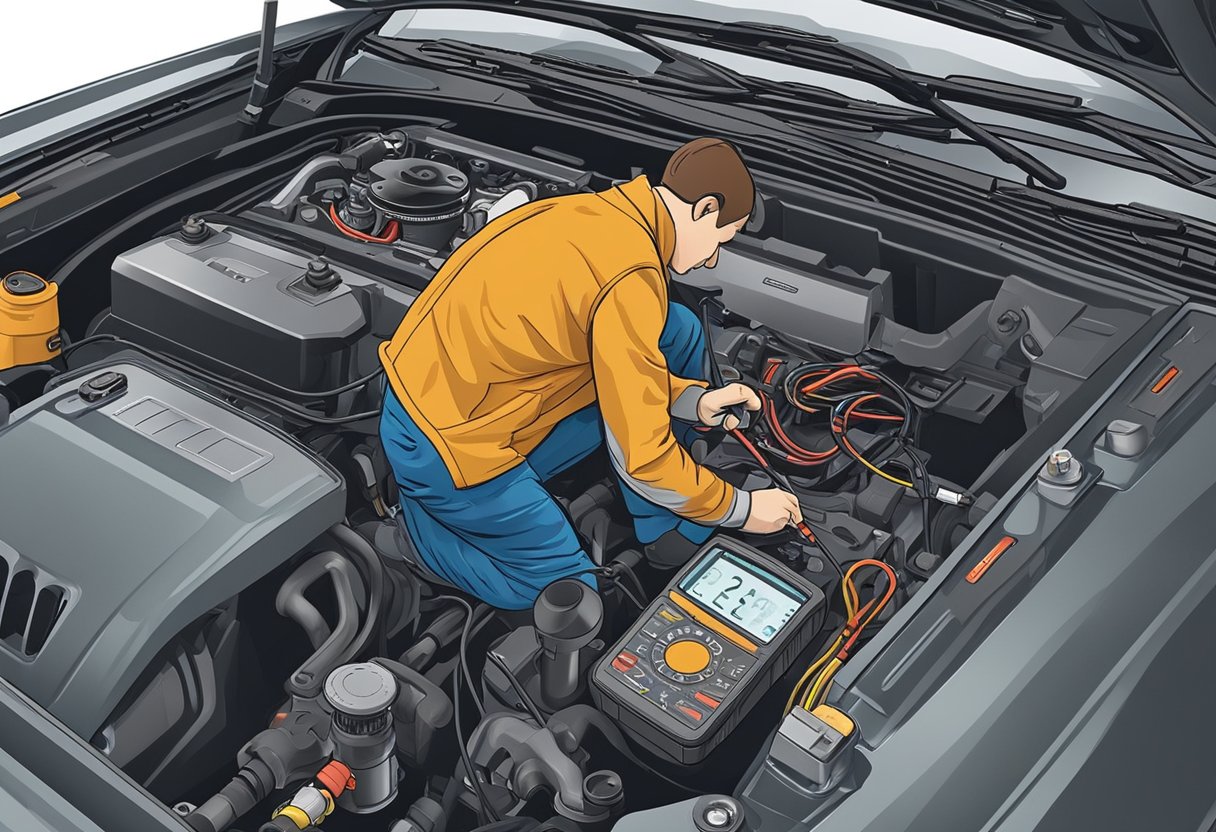 A mechanic using a multimeter to test the O2 sensor heater resistance in a car's engine bay.

The mechanic is focused and determined to troubleshoot and solve the P0053 code