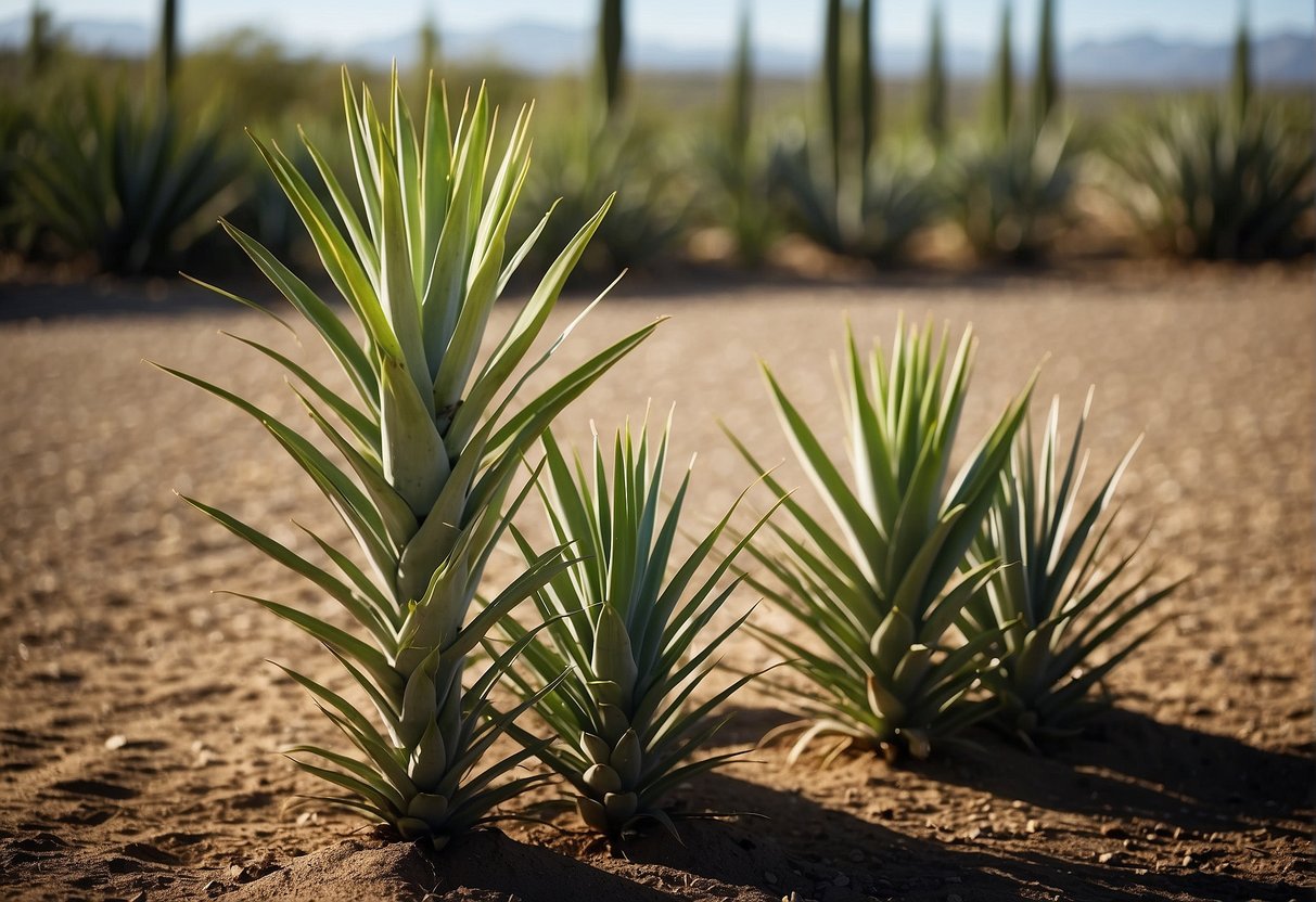 A yucca plant stands tall in a sunny outdoor setting, surrounded by well-draining soil and receiving occasional watering. The plant's long, sword-shaped leaves are a striking green color, and it is thriving in its natural environment