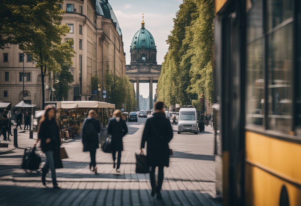 Busy city street with iconic landmarks, bustling cafes, and historic architecture in the heart of Berlin, Germany