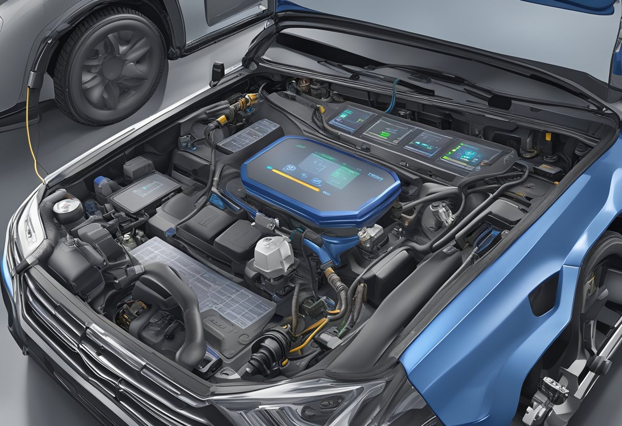 An engine compartment with diagnostic tools and a computer screen displaying the P0170 code.

Various sensors and components are highlighted for examination