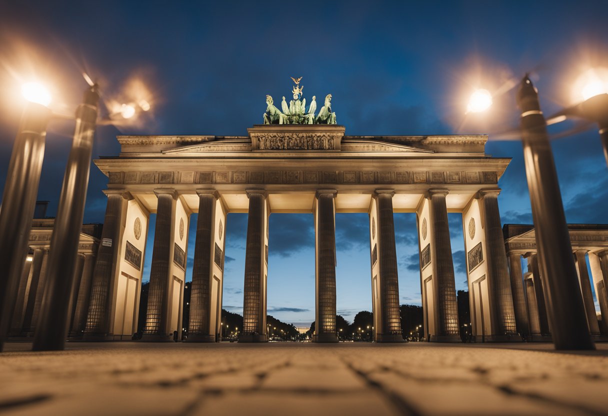Das Brandenburger Tor erhebt sich, flankiert vom Reichstag und der Gedenkstätte Berliner Mauer, mit dem Denkmal für die ermordeten Juden im Hintergrund