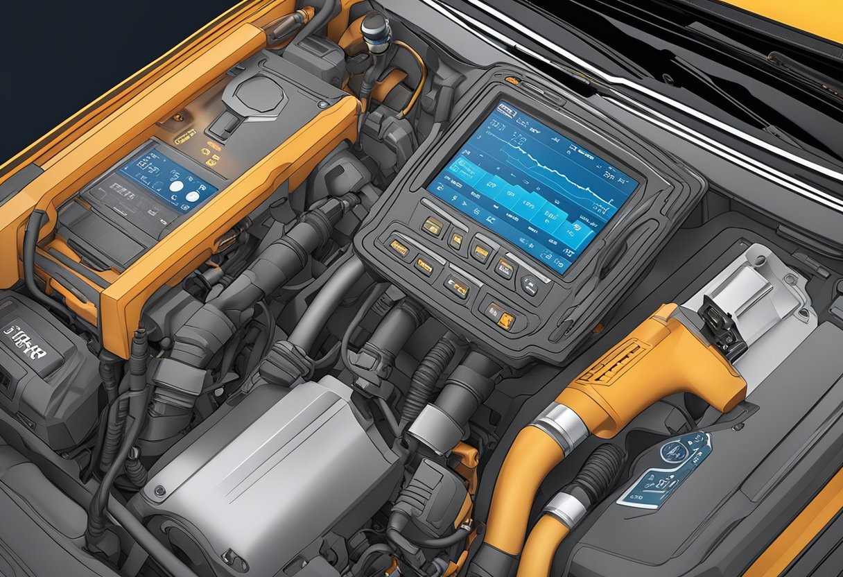 A car's engine bay with diagnostic tools connected, showing fuel trim data on a screen.

Various components like the oxygen sensor and fuel injectors are visible