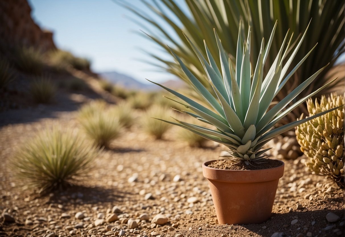 A yucca plant stands tall in a sunny outdoor setting, surrounded by well-drained soil and receiving occasional watering