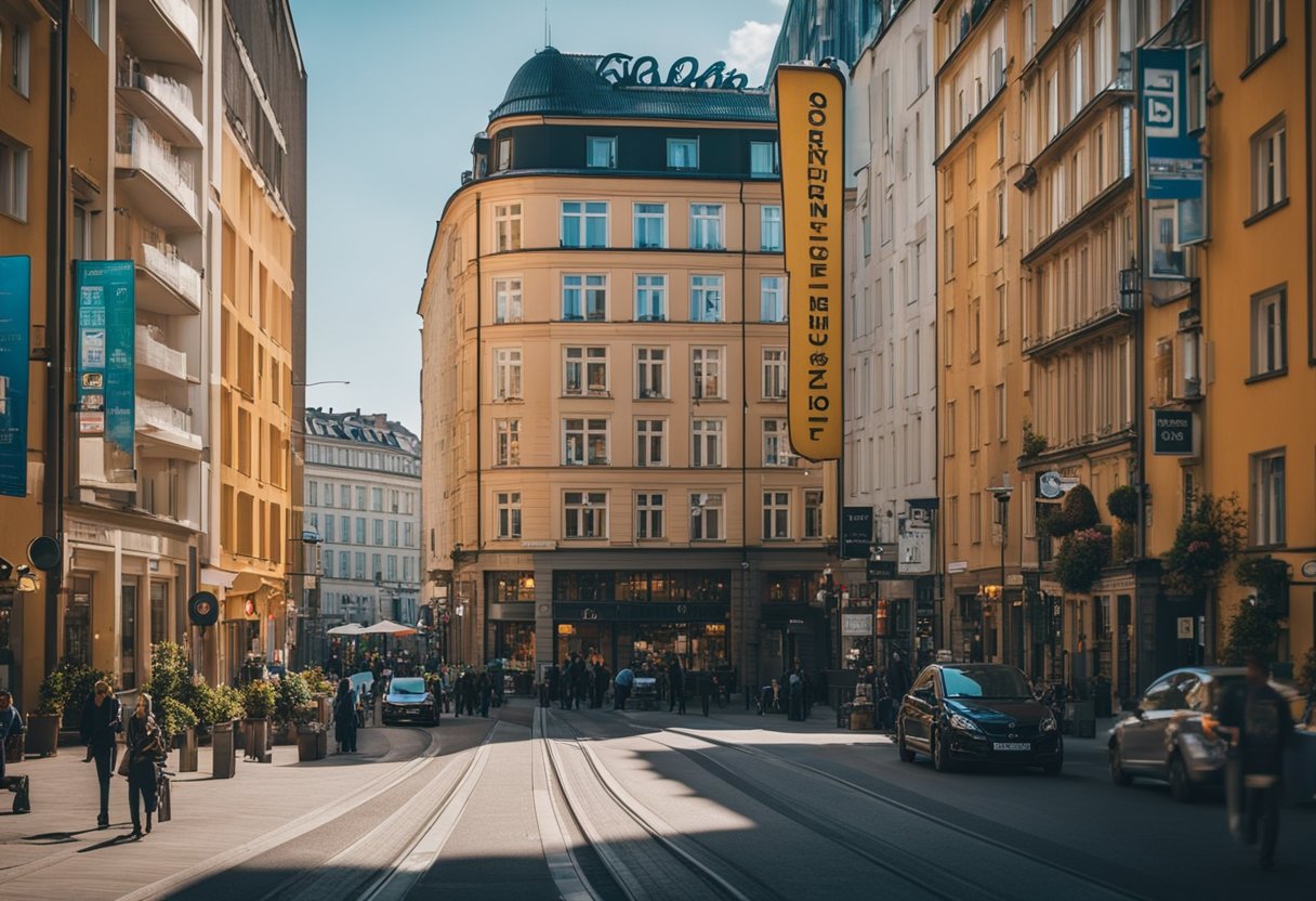 A bustling city street in Berlin, Germany, with colorful hotel signs and a vibrant atmosphere, suggesting great deals and affordable accommodations