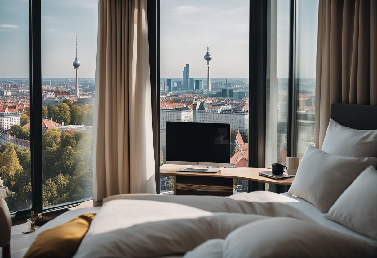 A cozy hotel room in Berlin, Germany with a comfortable bed, modern furnishings, and a large window overlooking the city skyline