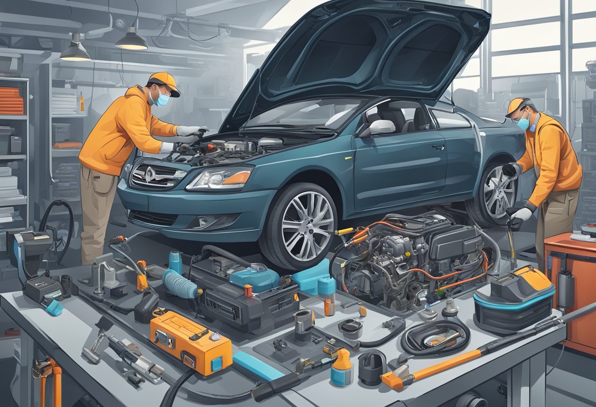 A car engine emits smoke as a mechanic examines the O2 sensor.

Tools and diagnostic equipment are scattered around the hood of the car