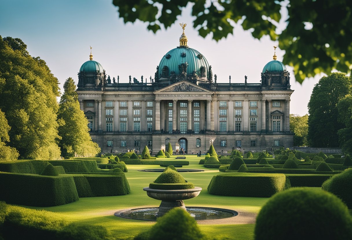 The royal palaces and gardens in Berlin, Germany, are filled with ornate architecture and lush greenery, creating a majestic and historical atmosphere
