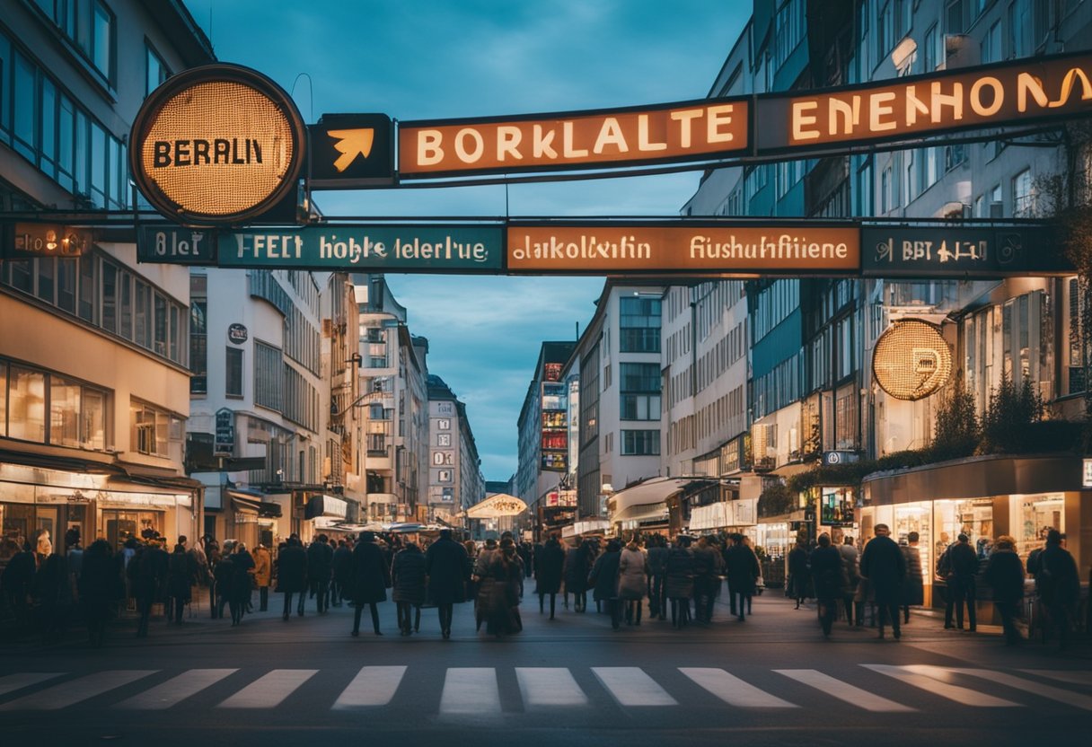 A colorful street in Berlin with affordable hotel signs and bustling activity
