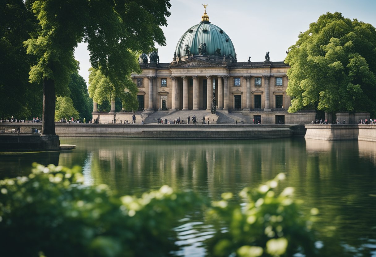 Museumsinsel und Kulturschätze, Berlin, Deutschland. Ikonische Gebäude und Statuen, umgeben von üppigem Grün und fließenden Flüssen