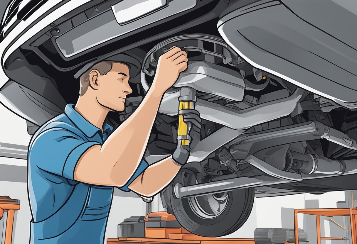 A mechanic replaces an O2 sensor in a car's exhaust system, using a wrench to tighten the sensor in place