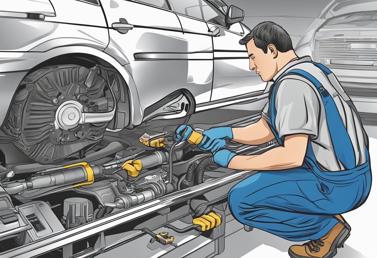 A mechanic replacing an O2 sensor in a car's exhaust system, using tools and diagnostic equipment to overcome the P0153 trouble code