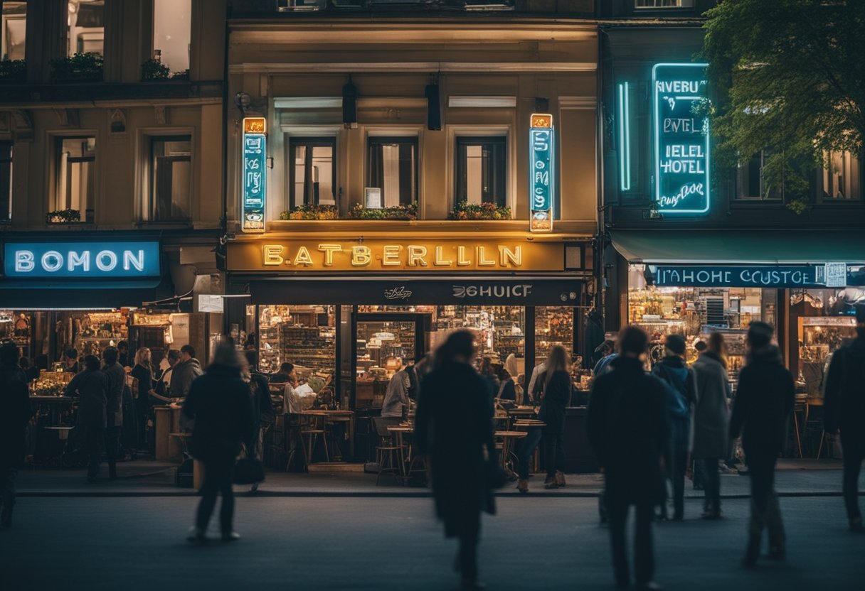 A bustling street lined with small, colorful eateries and live music venues, with neon signs advertising cheap hotels in Berlin, Germany