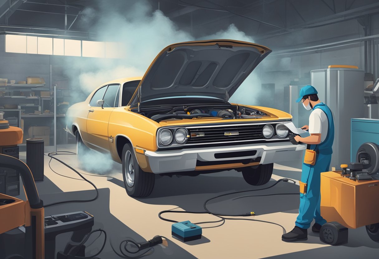 A car with open hood, diagnostic tool plugged in, and a mechanic examining the O2 sensor.

Smoke or fumes coming from the exhaust