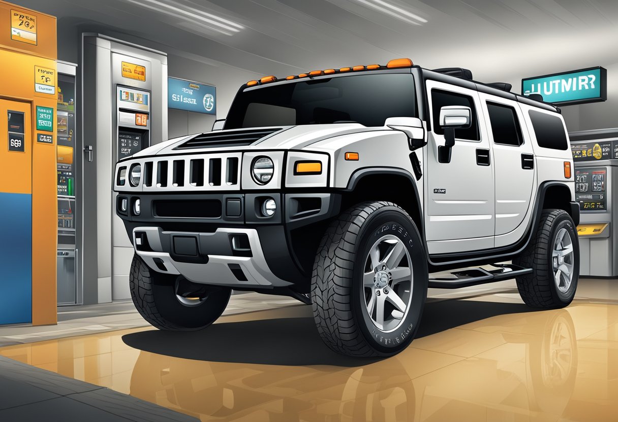 The Hummer H2 sits in a gas station, surrounded by high fuel prices and a fuel consumption chart on the wall
