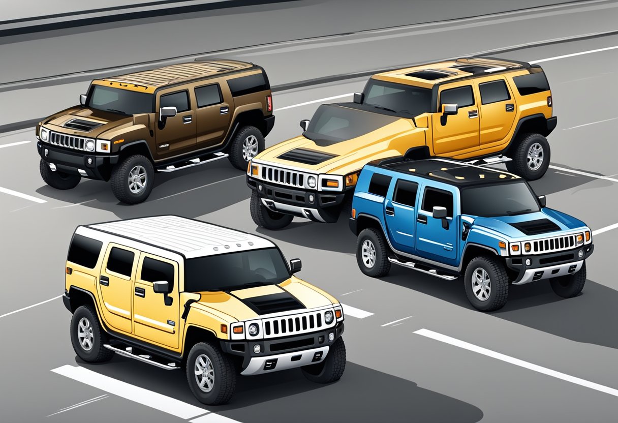 The Hummer H2 stands next to other SUVs, its fuel consumption highlighted.

Gas pumps loom in the background, emphasizing its gas guzzling reputation