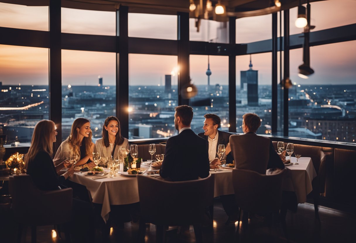 Guests enjoying dinner and drinks in a vibrant Berlin hotel restaurant, with live music and city skyline views