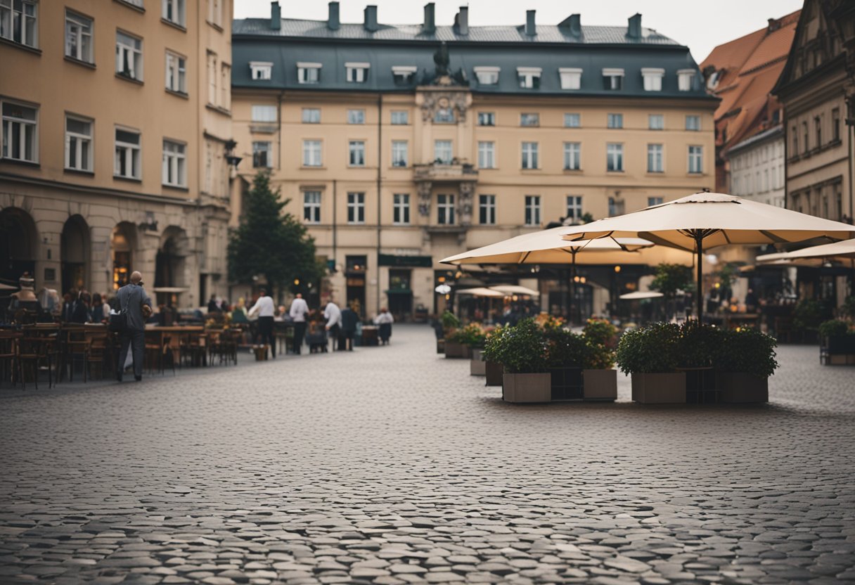 Alte Gebäude säumen die kopfsteingepflasterten Straßen in den historischen Bezirken Berlins, umgeben von belebten öffentlichen Plätzen mit Brunnen und Straßencafés