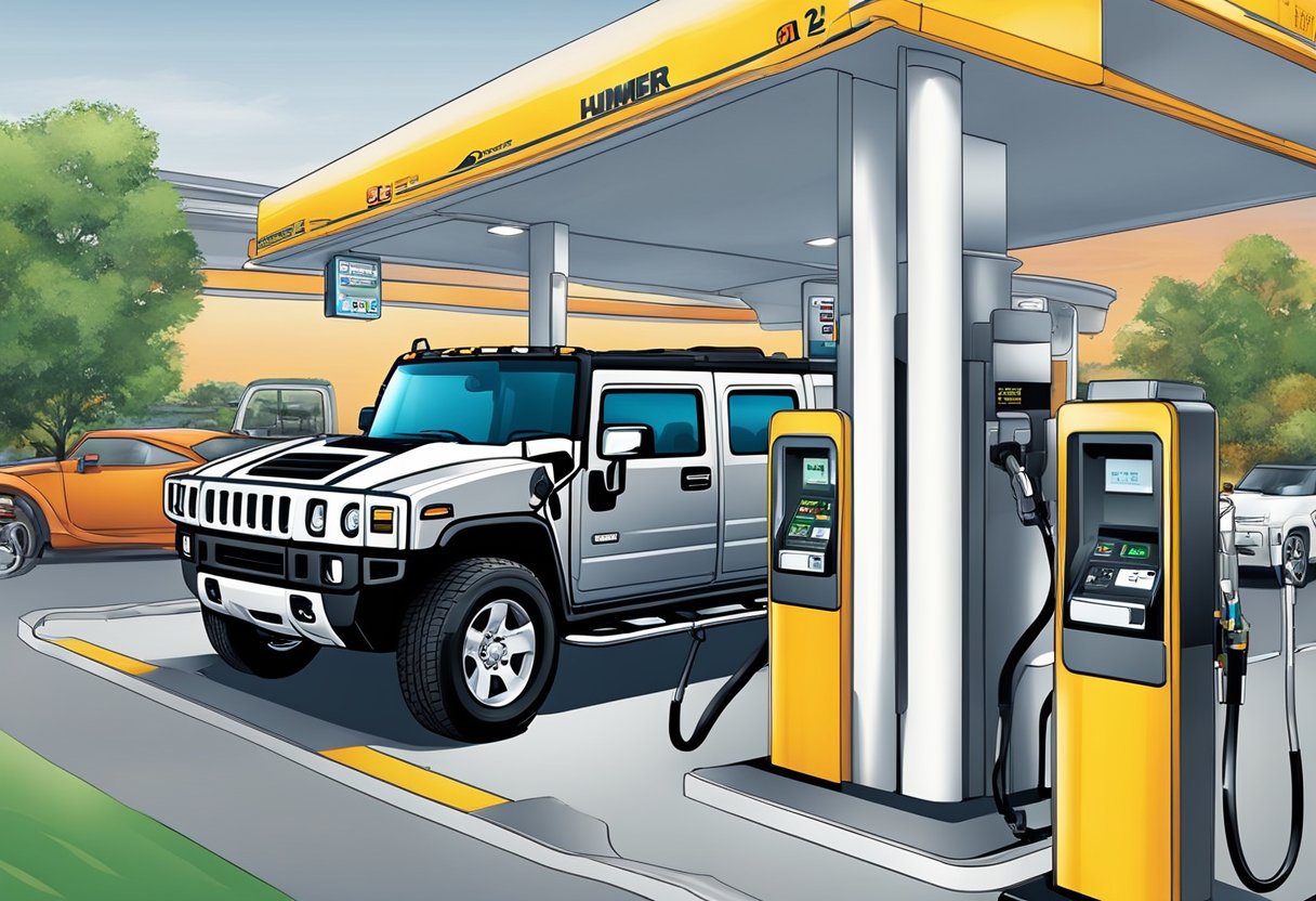 The Hummer H2 is parked in a gas station, with a fuel pump nozzle inserted into its tank.

A digital display shows the amount of fuel being pumped, while the vehicle's large size contrasts with the smaller, more fuel-efficient cars around it