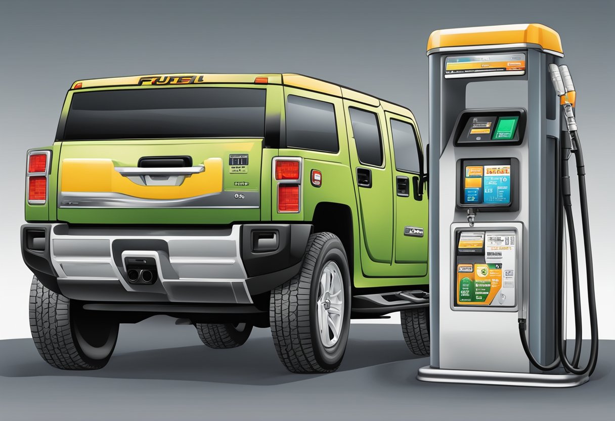 A Hummer H2 parked next to a gas pump, with a large fuel nozzle inserted into the vehicle's gas tank.

A digital display on the pump shows the rapidly increasing cost of fuel