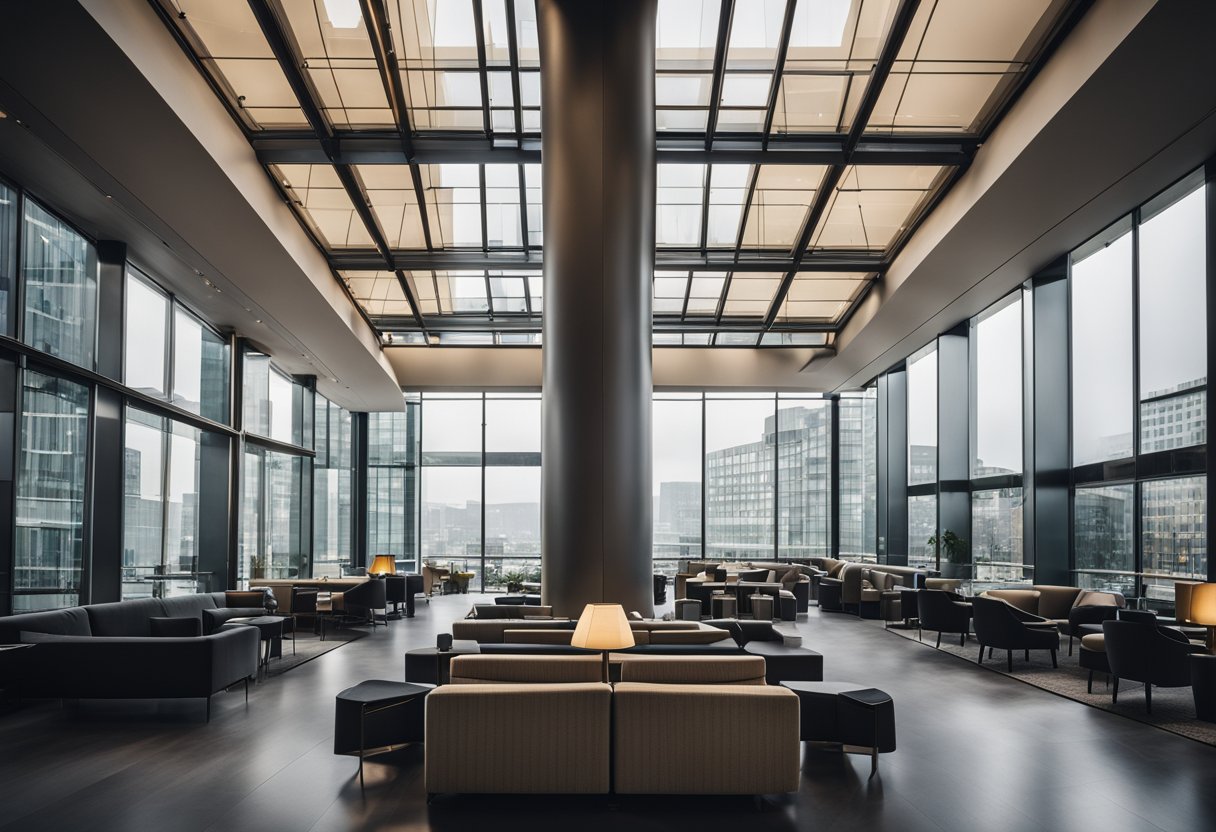 A sleek, modern hotel in Berlin, Germany, with clean lines and large glass windows. The surrounding cityscape is a mix of historic and contemporary architecture