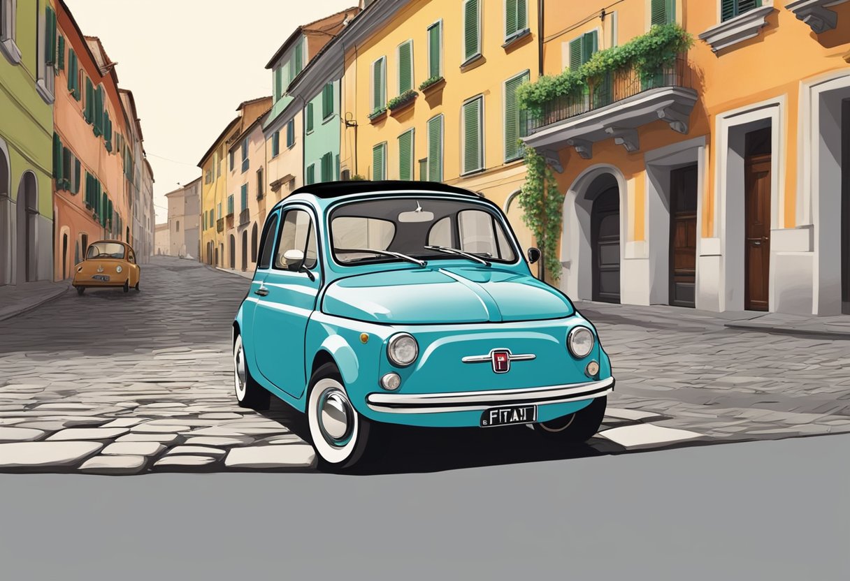 The Fiat 500 sits in a vintage Italian piazza, surrounded by cobblestone streets and colorful buildings.

Its iconic rounded shape and small size stand out against the bustling backdrop