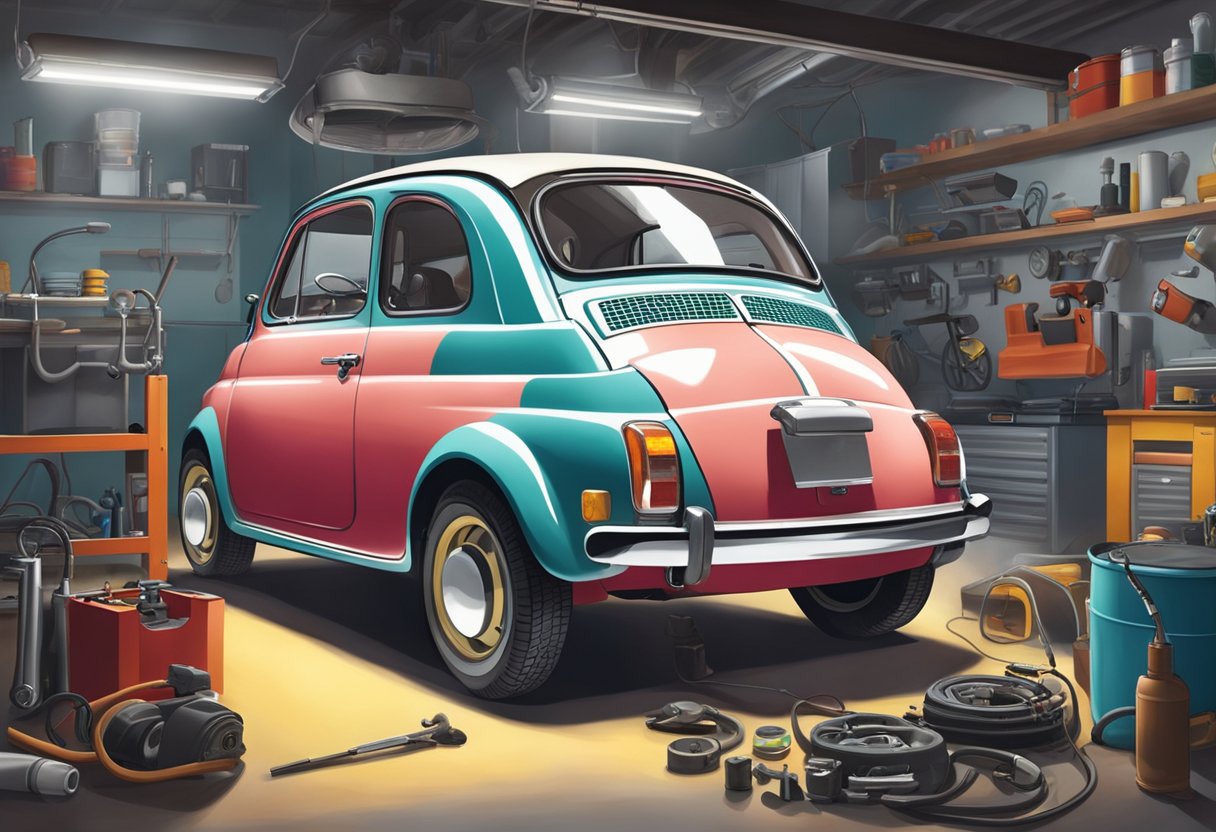The Fiat 500 sits in a garage, surrounded by tools and diagnostic equipment.

Smoke rises from under the hood as a mechanic inspects the engine for common mechanical issues