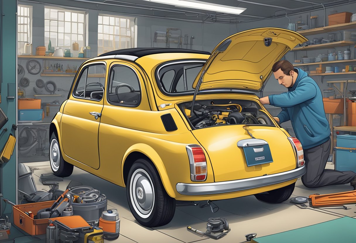 A Fiat 500 sits in a mechanic's garage, surrounded by tools and parts.

The hood is open, revealing the engine as a technician inspects it closely