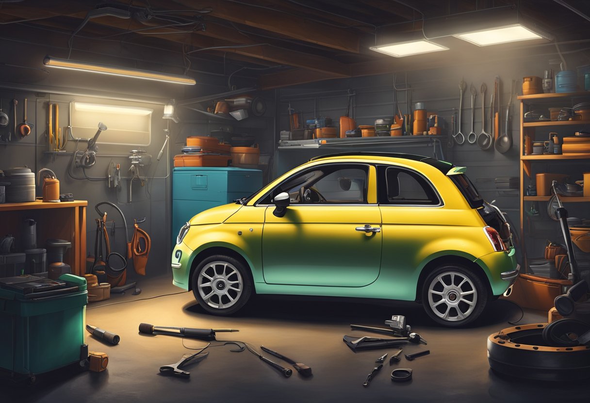 A Fiat 500 parked in a dimly lit garage, surrounded by mechanic's tools and diagnostic equipment.

The hood is open, revealing the engine