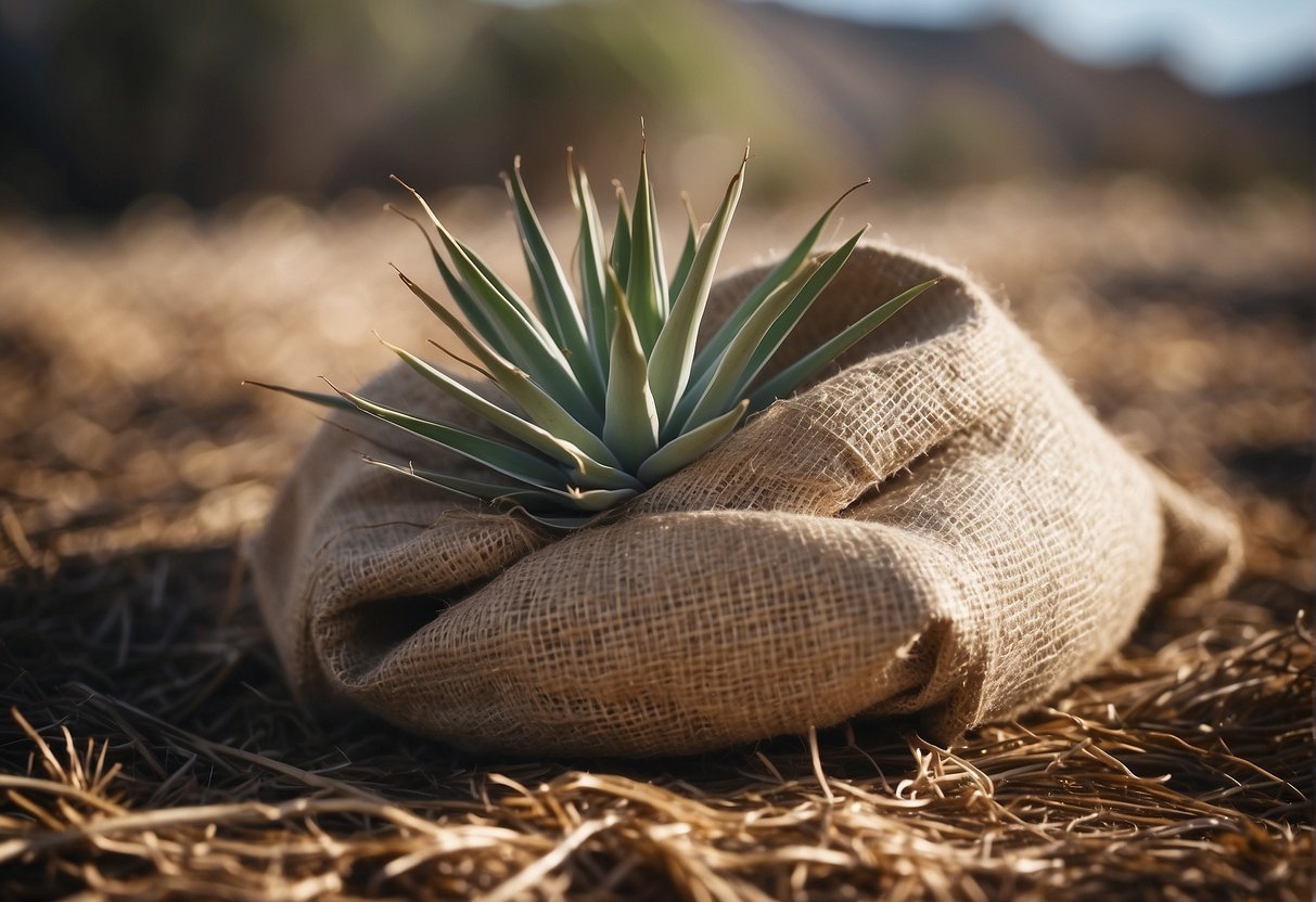 Yucca plants wrapped in burlap, surrounded by a layer of mulch, with a protective cover over the top to shield them from harsh winter conditions