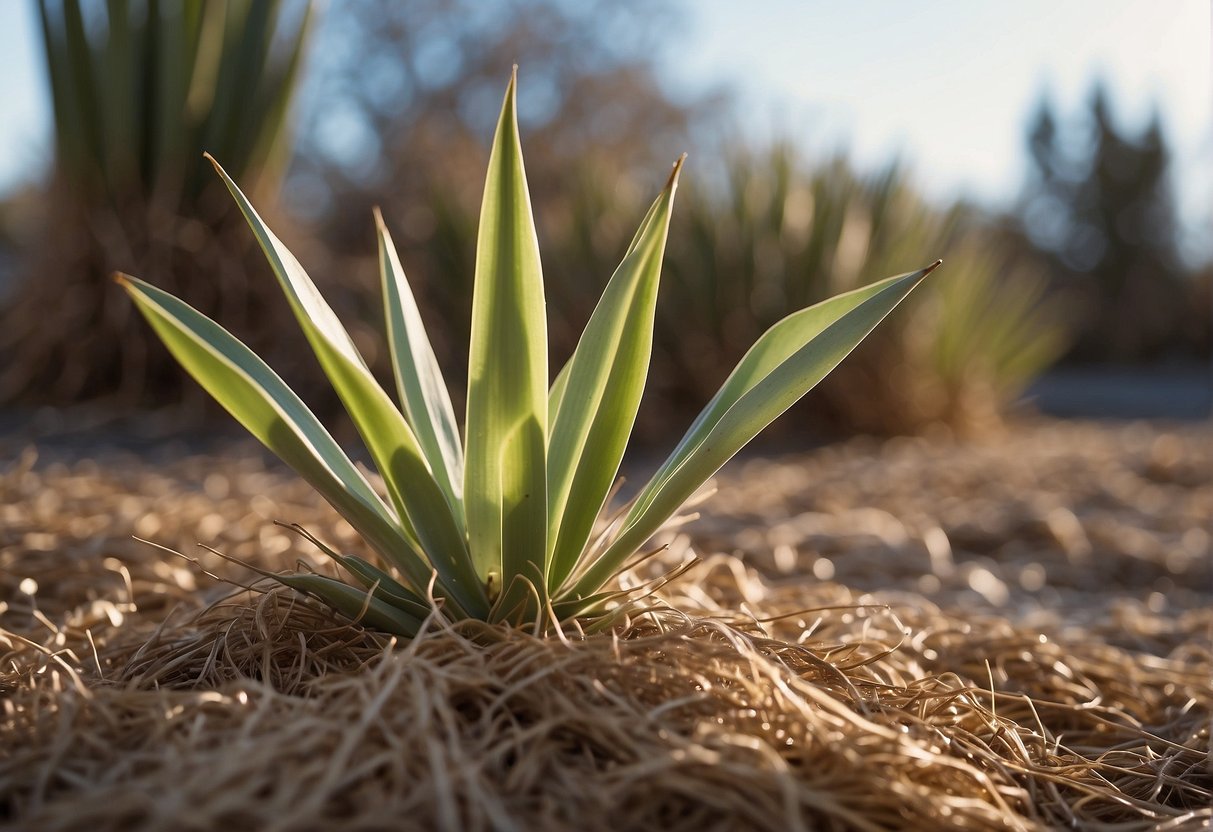 A yucca plant covered in a thick layer of mulch, surrounded by protective burlap or plastic wrap, with a small stake for support in the winter