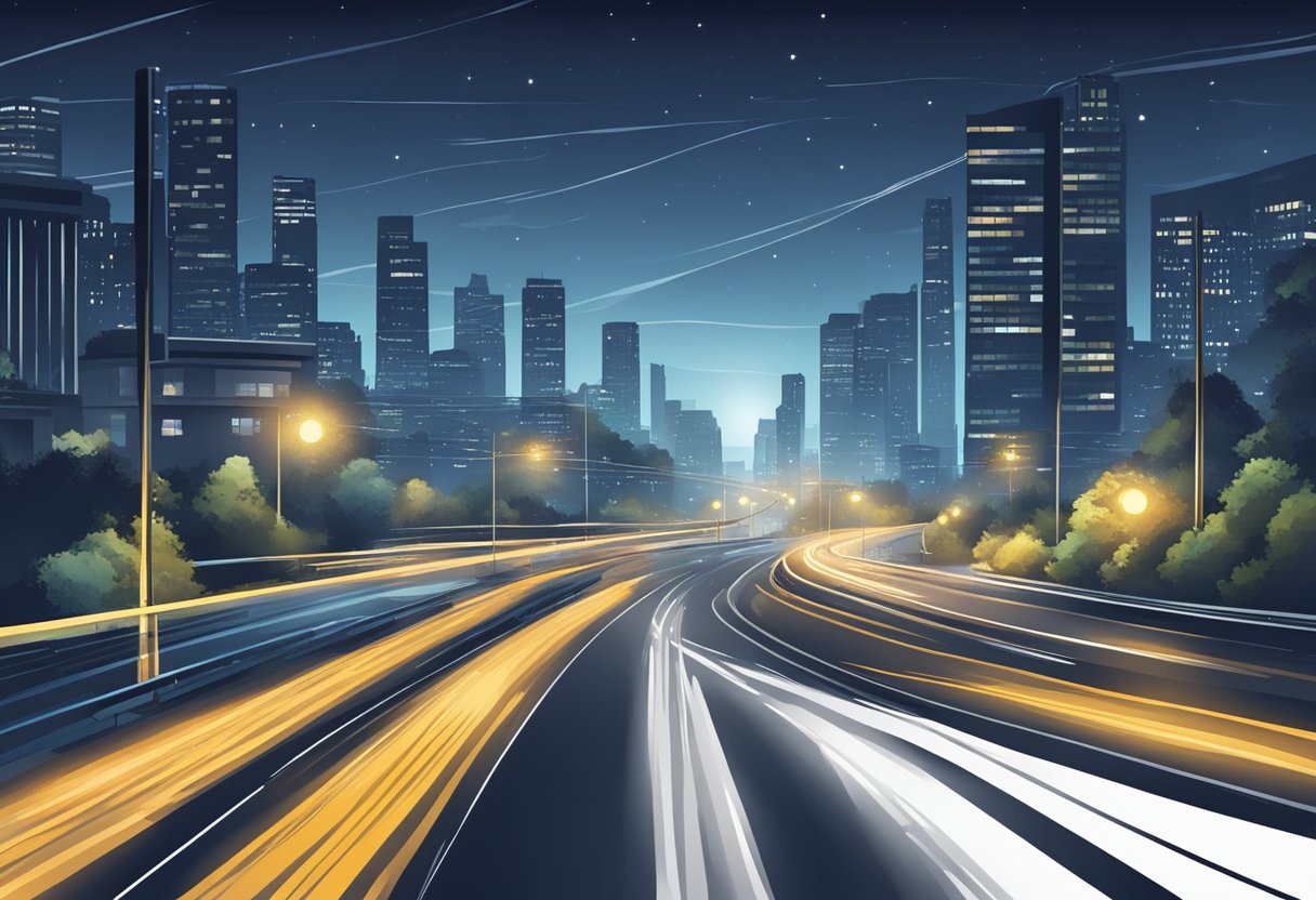 Cars navigating through city streets, country roads, and highways at night, adjusting for glare from oncoming headlights