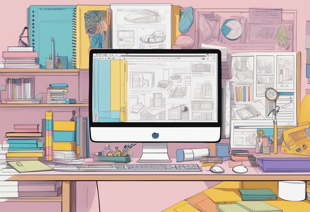 A cluttered work desk with sketches, prototypes, and notes. A bookshelf filled with reference materials on fashion and toy design. A computer screen displaying research on the history of Barbie