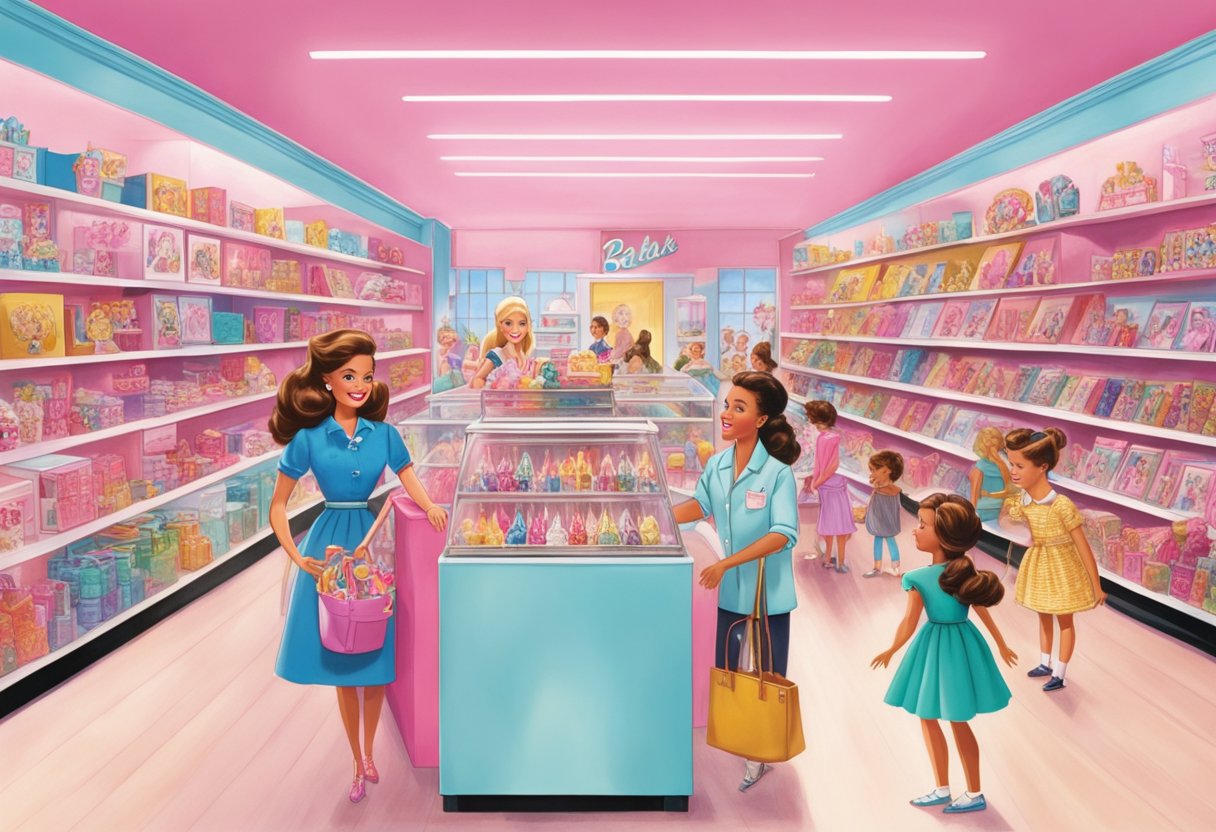 Barbie's debut: Ruth Handler invented Barbie. Show a toy store with the first Barbie doll on display, surrounded by excited children and parents