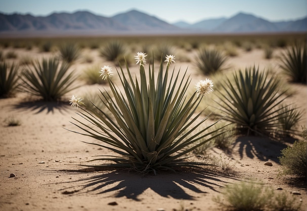 A yucca plant thrives in arid environments with its long, narrow leaves and deep root system