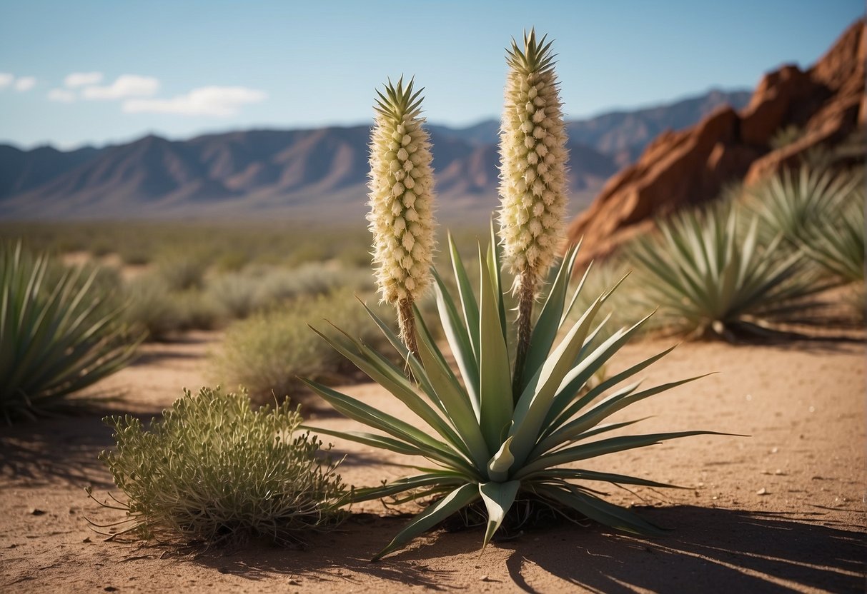 A yucca plant thrives in arid environments, showcasing its adaptation with thick, waxy leaves and a deep root system to store water