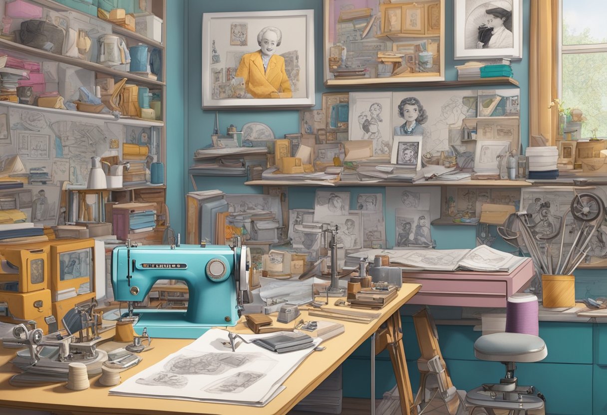 A cluttered workshop with sketches, prototypes, and a vintage sewing machine. An old photo of Ruth Handler, the inventor of Barbie, hangs on the wall