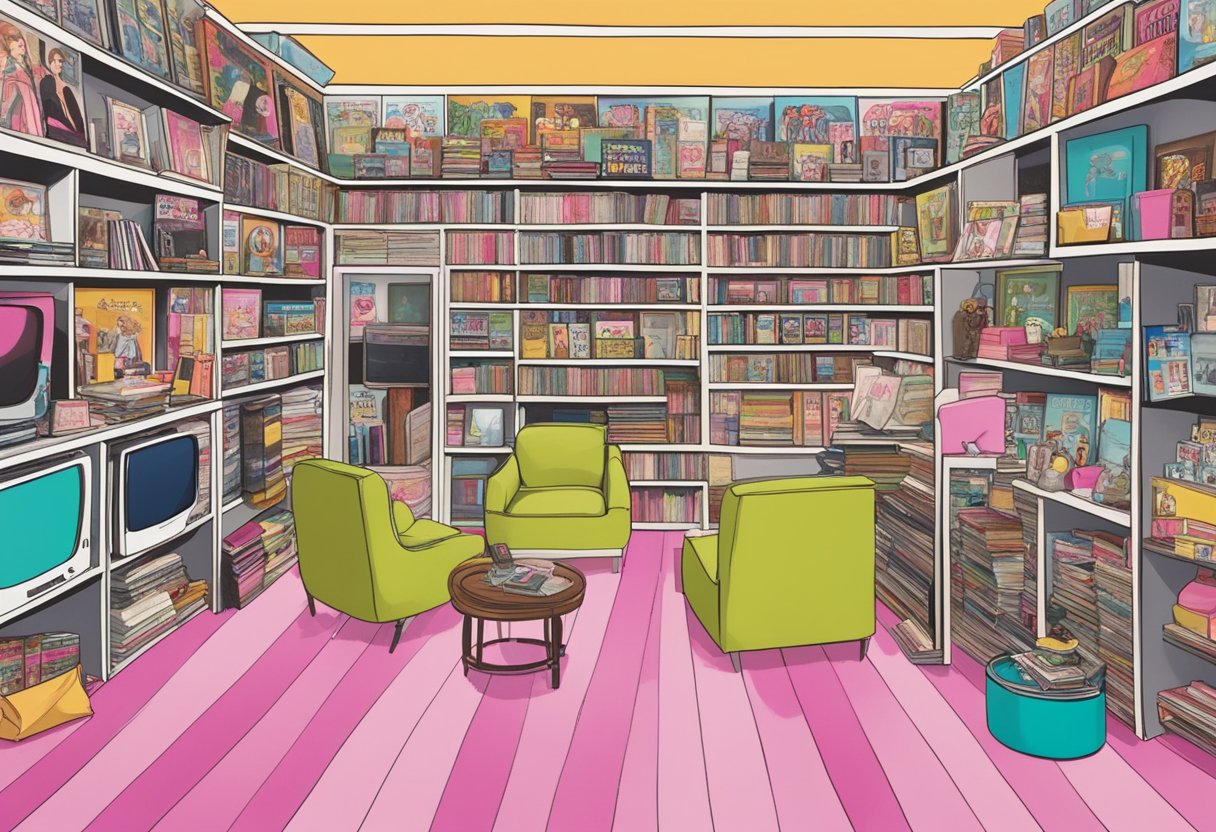 A room filled with vintage magazines, TV screens showing Barbie commercials, and shelves lined with Barbie dolls