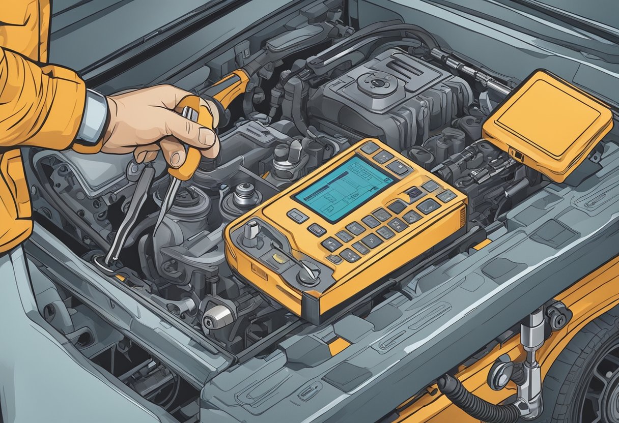 A diagnostic tool connected to a car's engine, displaying the error code P0421.

The mechanic's hand reaches for a wrench on a cluttered workbench