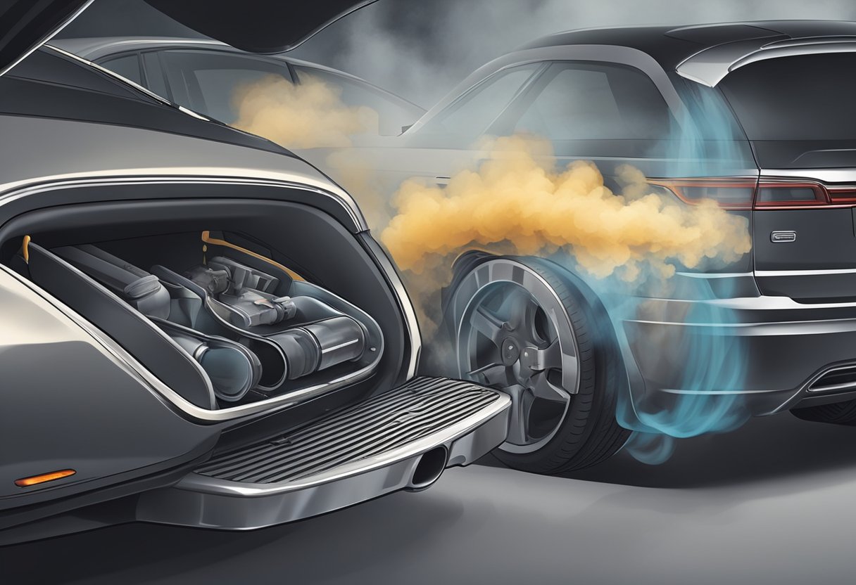 A car's exhaust system emits smoke as the engine struggles to maintain proper catalytic converter efficiency, indicated by the P0421 code on the dashboard