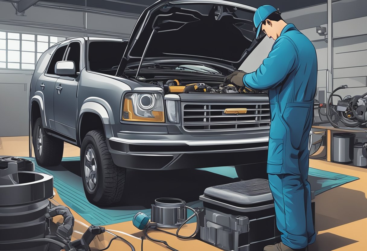 A mechanic examines a car's catalytic converter with a diagnostic tool, checking for efficiency below threshold.

Tools and maintenance equipment are visible in the background