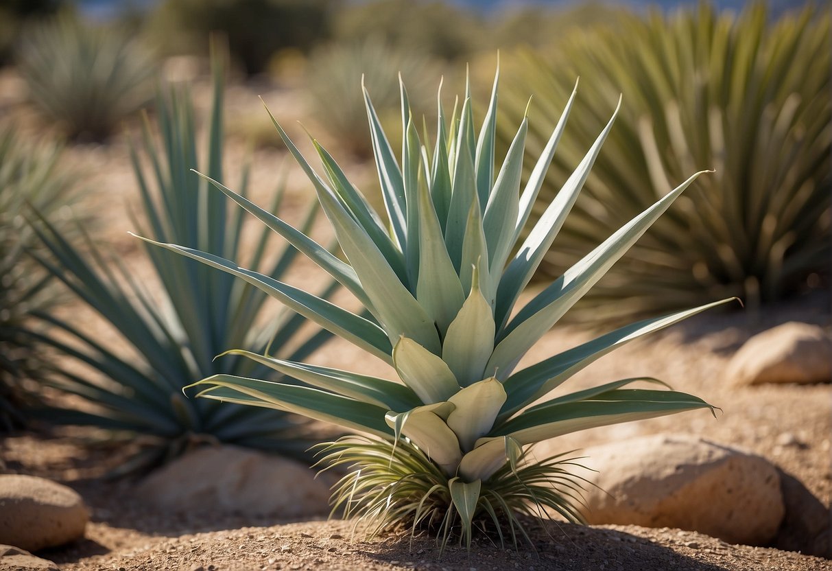 A yucca plant stands tall with sharp, sword-like leaves. Its sturdy trunk and spikey foliage are adapted for survival in arid environments