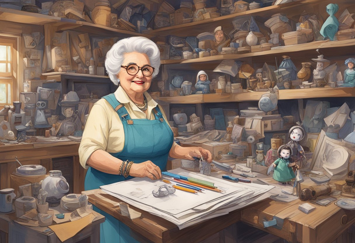 Ruth Handler stands in a cluttered workshop, surrounded by sketches and prototypes. She holds a doll, her eyes filled with determination and excitement