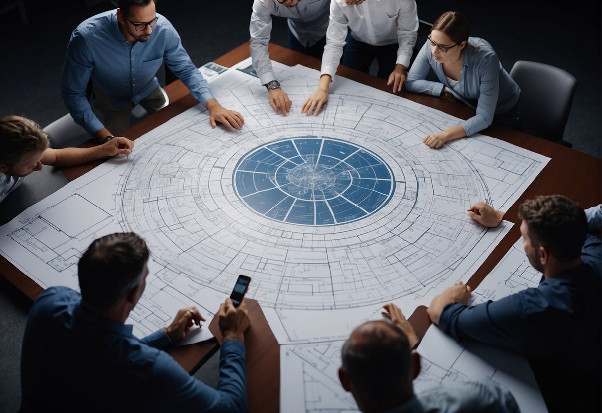 A team of engineers and designers collaborate on drafting blueprints for a spacecraft, utilizing advanced technology and precision tools